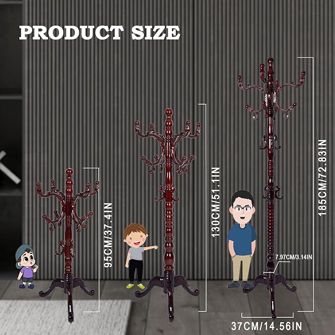 Coat Racks FreeStanding with 14 Hooks, Natural Wood Coat Rack with Solid Round Base, Adjustable Height Coat Racks, Easy Assembly for Hallway, Bedroom and Office (Reddish brown-Tri-Legged Base)-DeskLoop Office