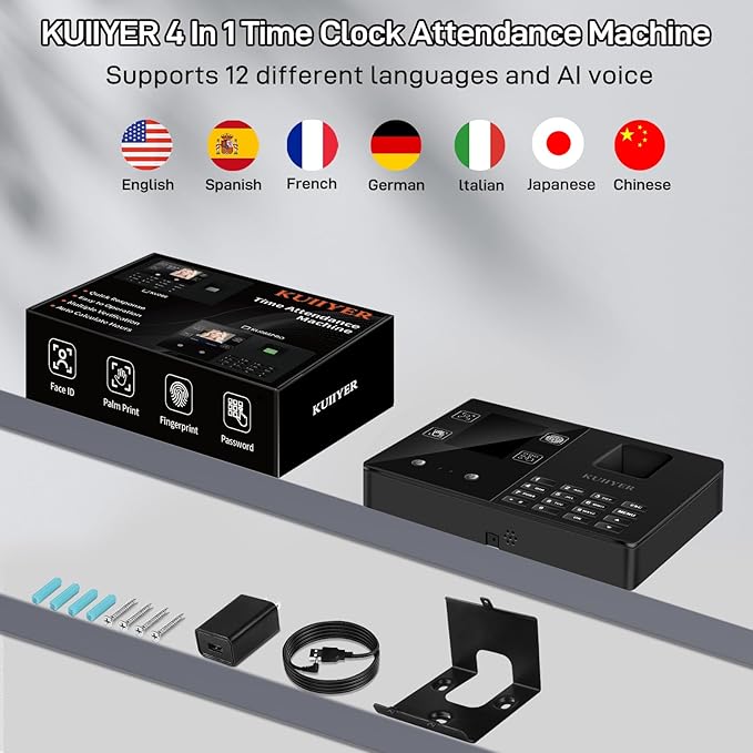 KUIIYER 4 in 1 Employee Time Clocks for Small Business (Face + Fingerprint + Palm Print + PIN) Employee Clock in & Out Machine Attendance Punch Clock-DeskLoop Office