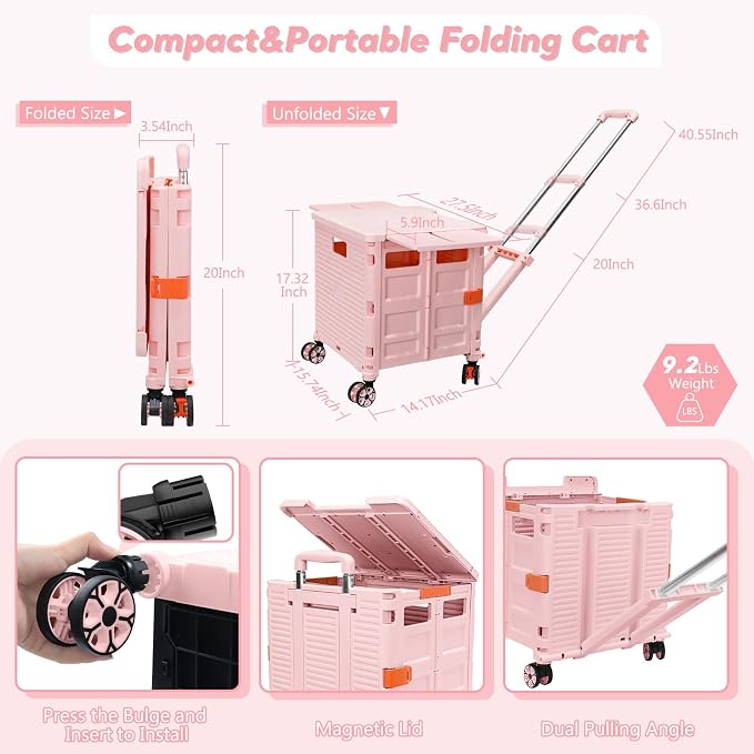 FELICON SELORSS Folding Utility Cart Portable Rolling Crate Handcart-Pink | - Image 6
