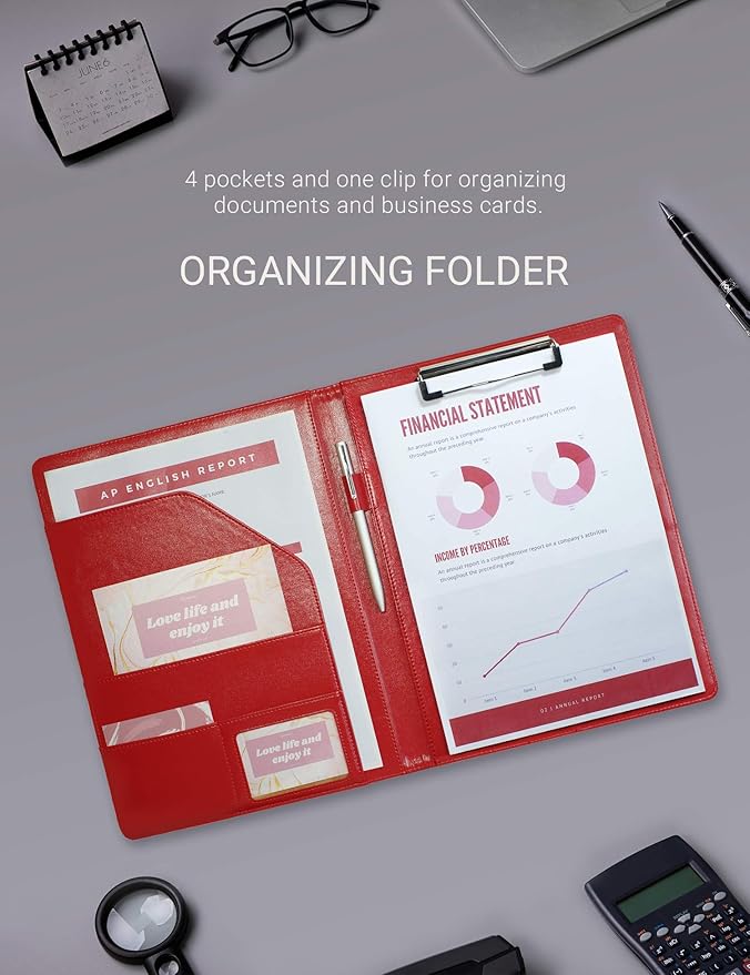 Mymazn Padfolio Clipboard Folder Portfolio, Faux Leather Storage Clipboard with Cover for Legal Pad Holder Letter Size A4 Writing Pad for Business School Office Conference Notepad Clip Boards (Red)-DeskLoop Office