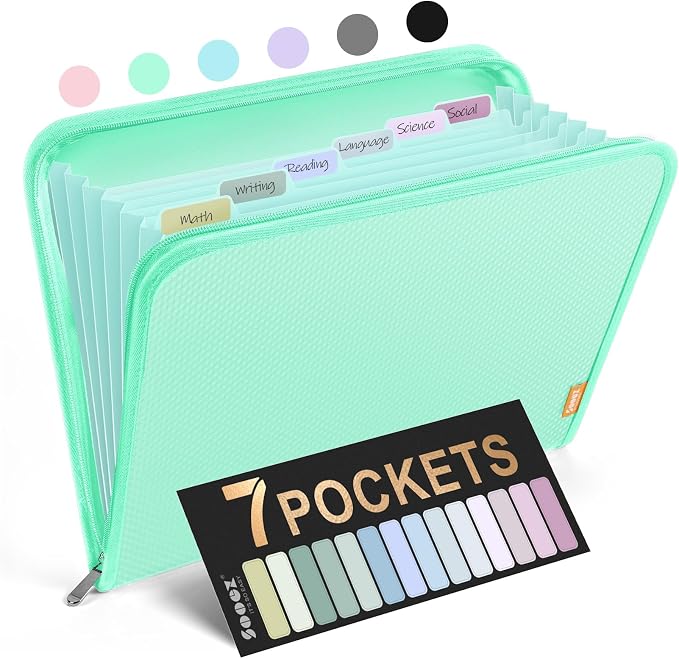 Sooez 7 Pockets Accordion File Organizer, Zipper Expanding File Folder by Sooez