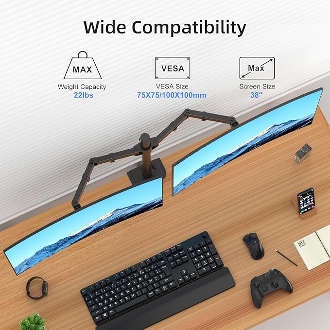 Suptek Dual Monitor Arm Desk Mount,Ultrawide Dual Monitor Arm for 2 Monitor Screens up to 38 inches and Max 22lbs Each,Extra Tall 15.75" Pole Fully Adjustable Monitor Stand for Desk,Black(MD9442MB)-DeskLoop Office