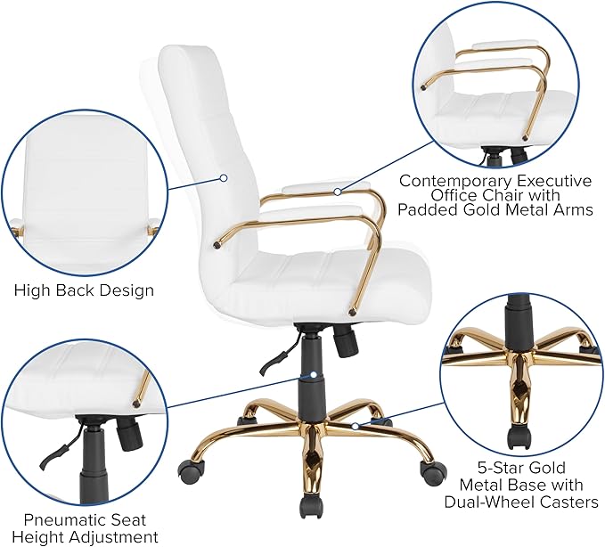 Flash Furniture Whitney Mid-Back Swivel LeatherSoft Desk Chair with Padded Seat and Armrests, Adjustable Height Padded Office Chair, 27"D x 26"W x 43"H, White/Gold-DeskLoop Office
