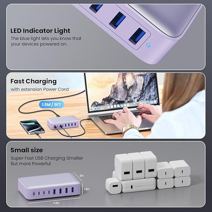 USB C Charger 200W USB C Charger Block GaN III 8-Port Fast Charging Station PD 65W Laptop Charger Adapter Compatible with MacBook Pro/Air,DELL,HP Surface,iPhone 15/14/13,Galaxy S23/22 (Purple)-DeskLoop Office