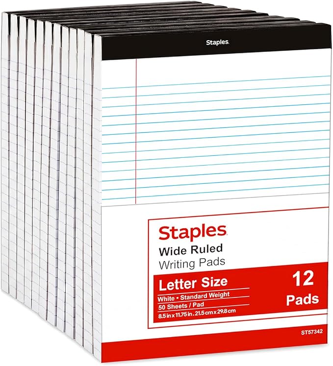 STAPLES Legal Pads, 8.5” x 11”, Wide Ruled, Perforated, 50 Sheets/Pad by Staples