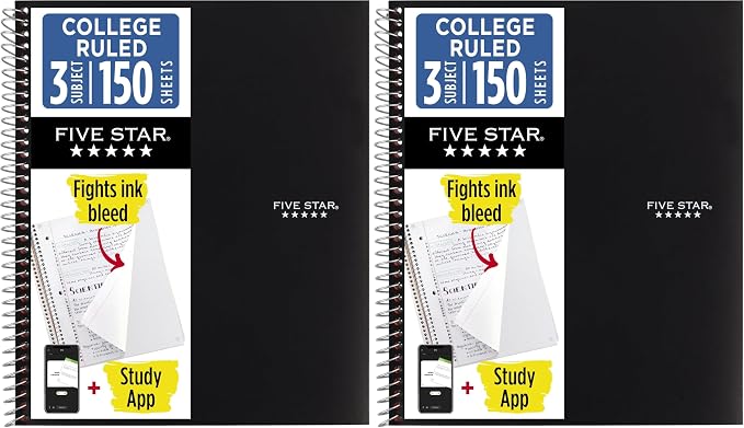Five Star Spiral Notebook + Study App, 3 Subject, College Ruled Paper, Fights by FiveStar