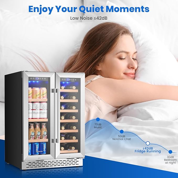 24 Inch Wine and Beverage Refrigerator Under Counter, Dual Zone 20 Bottles & 88 Cans Beverage Fridge with Stainless Steel Tempered Glass Door, Built-in/Freestanding Mini Fridge for Office/Bar/Kitchen-DeskLoop Office