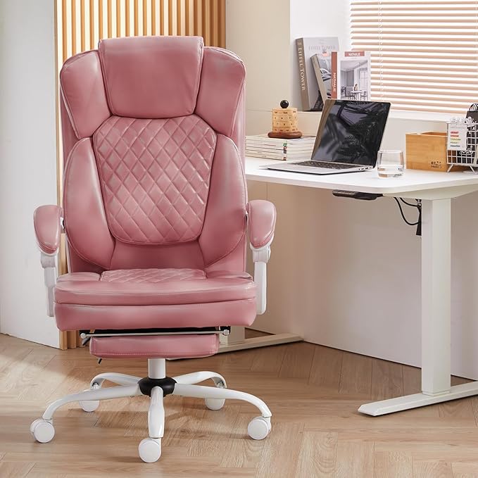 Ergonomic Office Chair with Foot Rest, Executive Chair with Footrest PU Leather Computer Chair, Big and Tall Chair Reclining Desk Chair, Thick Padded Coil Spring Seat, 400 lbs Capacity (Pink)-DeskLoop Office