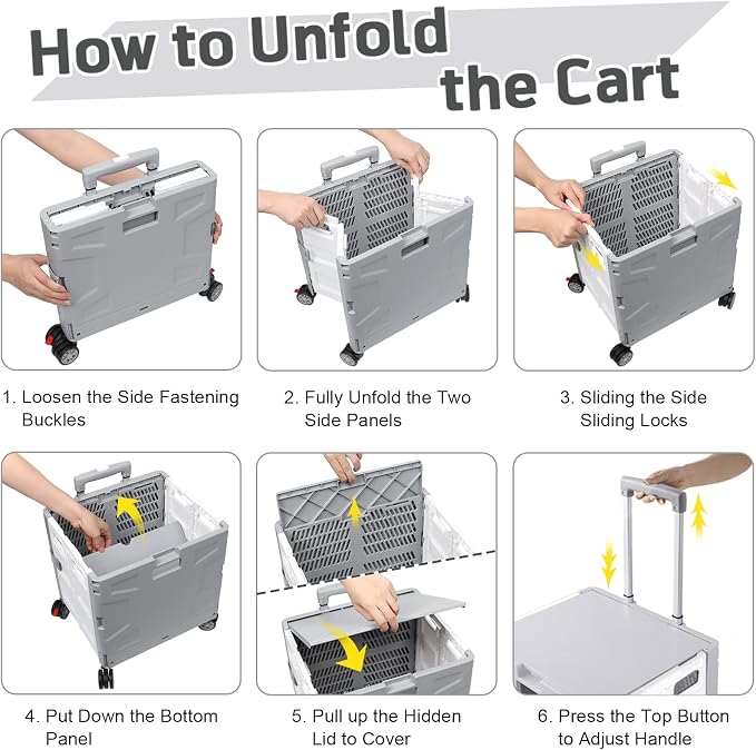 FELICON Folding Utility Cart Rolling Crate Handcart Basket Tote-Gray+White | - Image 4