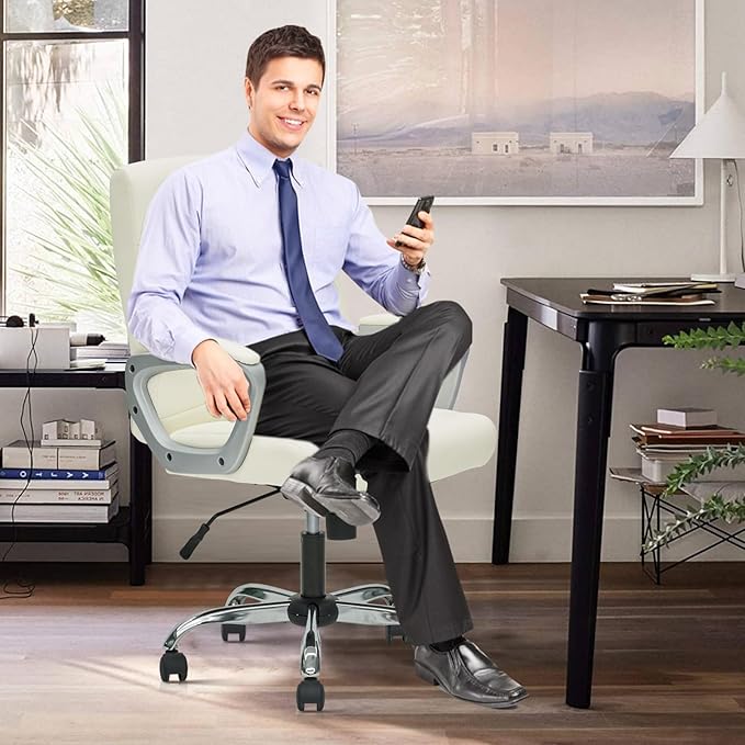 CLATINA Office Computer Desk Chair Executive Mid Back Chair Comfortable Ergonomic Managerial Chair Adjustable PU Leather Home Office Desk Chair Swivel, White 2PK-DeskLoop Office