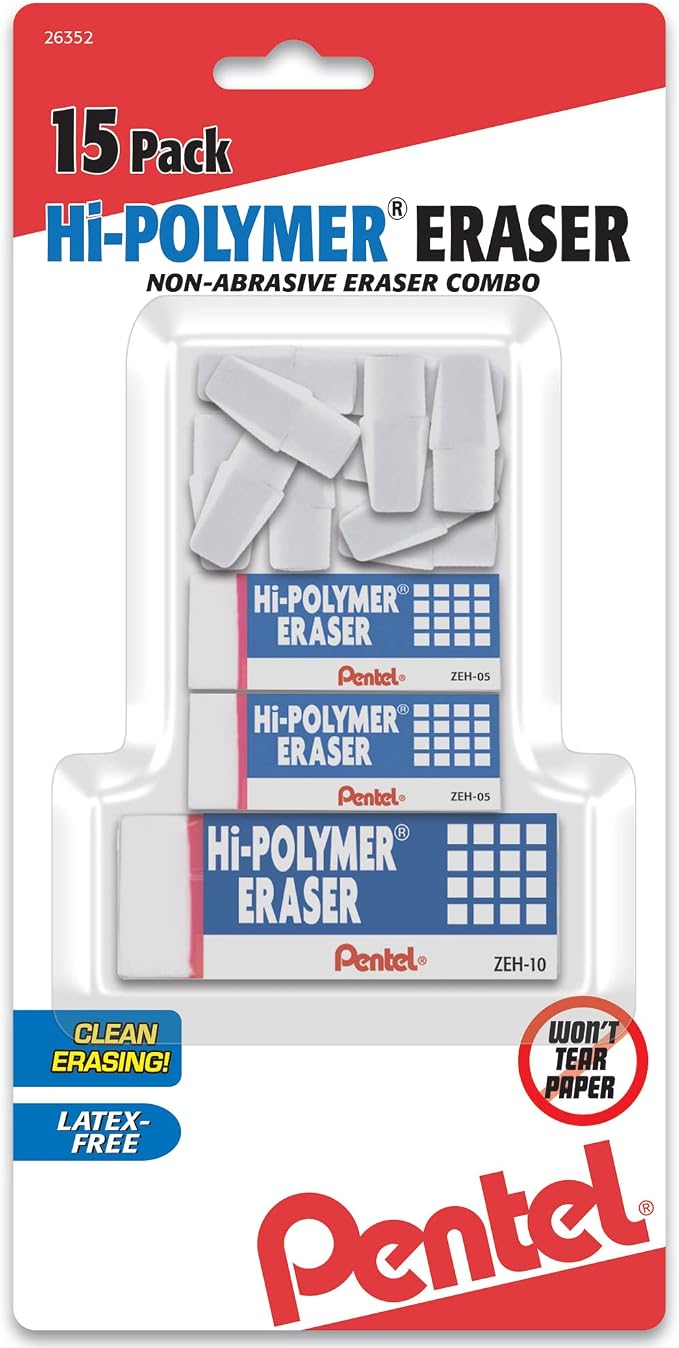 Pentel Hi-Polymer Eraser White Assorted Pack, 15 Pack by PentelofAmerica