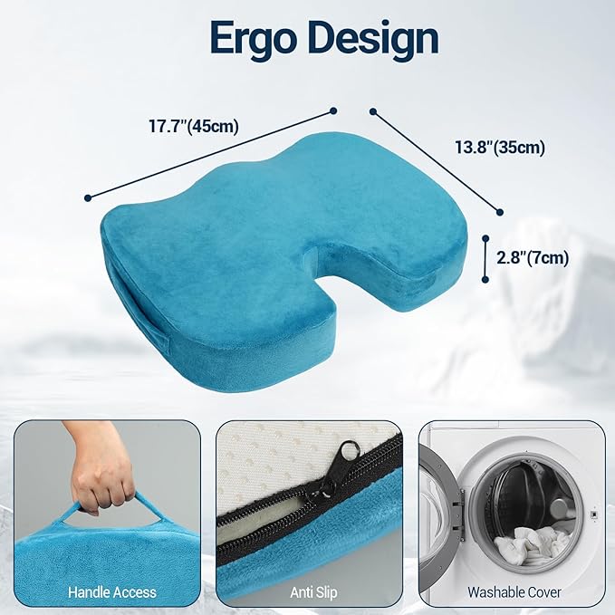 Gel Seat Cushion for Car Office - Memory Foam Pain Relief Chair Pillow Cushions - Tailbone Sciatica Coccyx Butt Lumbar Support Pad for Sitting Driving Traveling, Velvet, Blue-DeskLoop Office