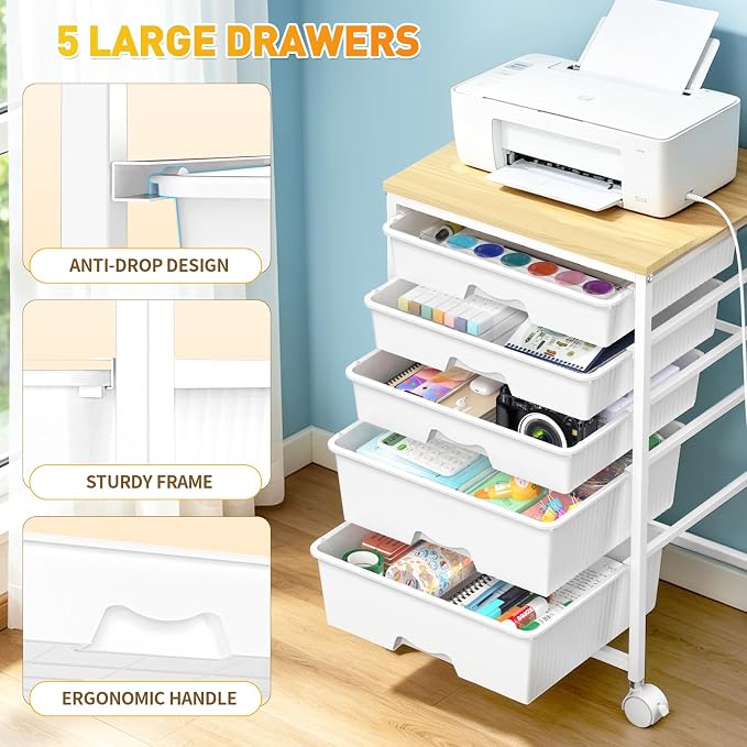SUNALLY Rolling Carts With 5 Drawers, Storage Drawer Carts with Wooden Tabletop - Image 5