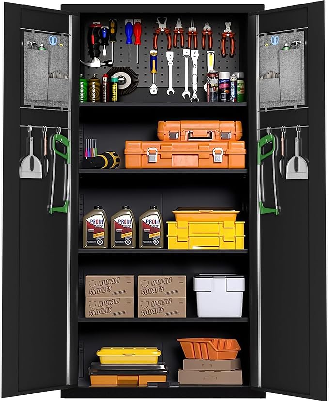 Greenvelly Storage Cabinet with Pegboard,72" Black Garage Steel Locking Cabinet with Doors and 4 Adjustable Shelves,Metal Garage Cabinet for Home Office,Pantry,School(36" Wx18 D)-DeskLoop Office