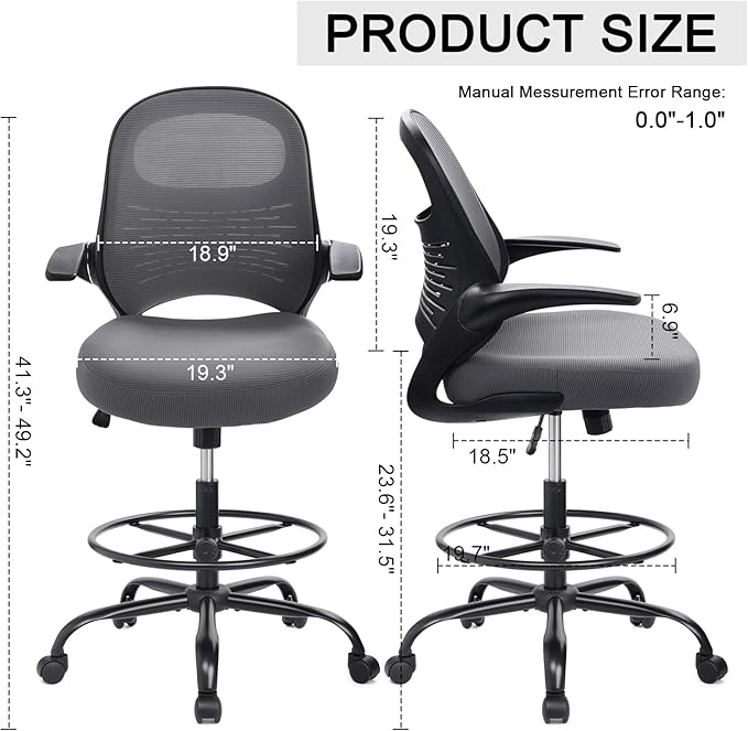 HYLONE Tall Drafting Chair Standing Desk Chair with Flip-Up Armrests, Adjustable Height Ergonomic Office Chair with Footrest Ring - High Stool Chair for Standing Desk (Dark Grey)-DeskLoop Office