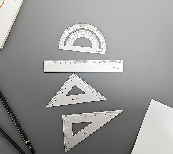 Geometry Ruler Set for Students, Metric Measurement 4-Piece Metal Math Drafting Kit with Non-Slip Design 15 cm Straightedge Ruler, 180° Protractor & 2 Triangles for School Kids (Silver)-DeskLoop Office