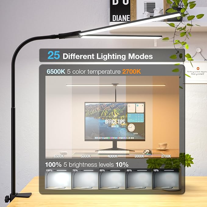 Desk Lamp for Office Home, 31.5" Desktop Lighting Bar with Gooseneck, Clip on Desk Light with Clamp, Bright Dimmable Table Lamp for Study, Work, Computer, Monitor, Reading-DeskLoop Office