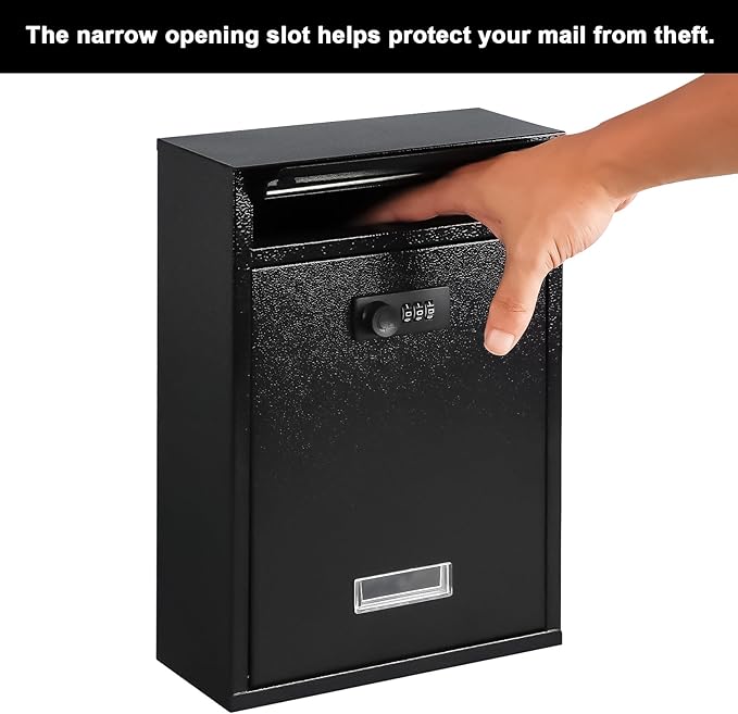 KYODOLED Locking Wall Mount Mailbox, Mail Boxes with Combination Lock for Outside, Security Drop Box with Code,12.4H x 8.54L x 3.35W Inches, Black-DeskLoop Office