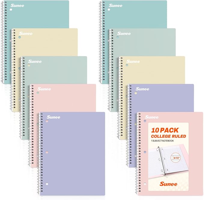 SUNEE Spiral Notebooks, 10 Pack, College Ruled Paper, 70 Sheets per Notebook by SUNEE