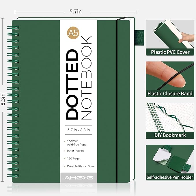 AHGXG Bullet Dotted Journal - Dot Grid Spiral Notebook A5, 160 Pages, 100 GSM Thick Paper, Waterproof Plastic Cover Journals for Bullet Journaling, Sketching, 5.7" x 8.3", Green-DeskLoop Office