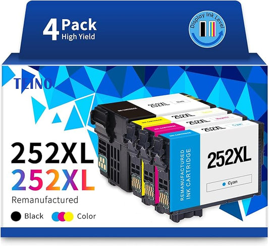 TEINO 252XL 252 Ink Cartridges Combo Pack Remanufactured Ink Cartridge Replacement for Epson 252 XL 252XL for Workforce WF-7710 WF-3640 WF-7720 WF-3620 WF-7620 (Black Cyan Magenta Yellow, 4-Pack)-DeskLoop Office