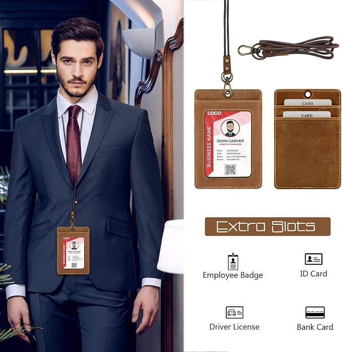 Boshiho Vertical Style Cowhide Leather ID Card Badge Holder - Image 3