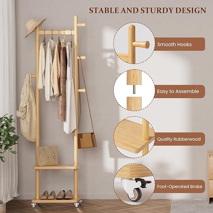 Coat Rack Freestanding Clothing Rack with Wheels & 2 Shelves Storage & 5 Hooks Heavy Duty Clothes Rack Wood Coat Tree Stand Hat Hanger Rack for Corner Bedroom Entryway Living Room Hotel-DeskLoop Office