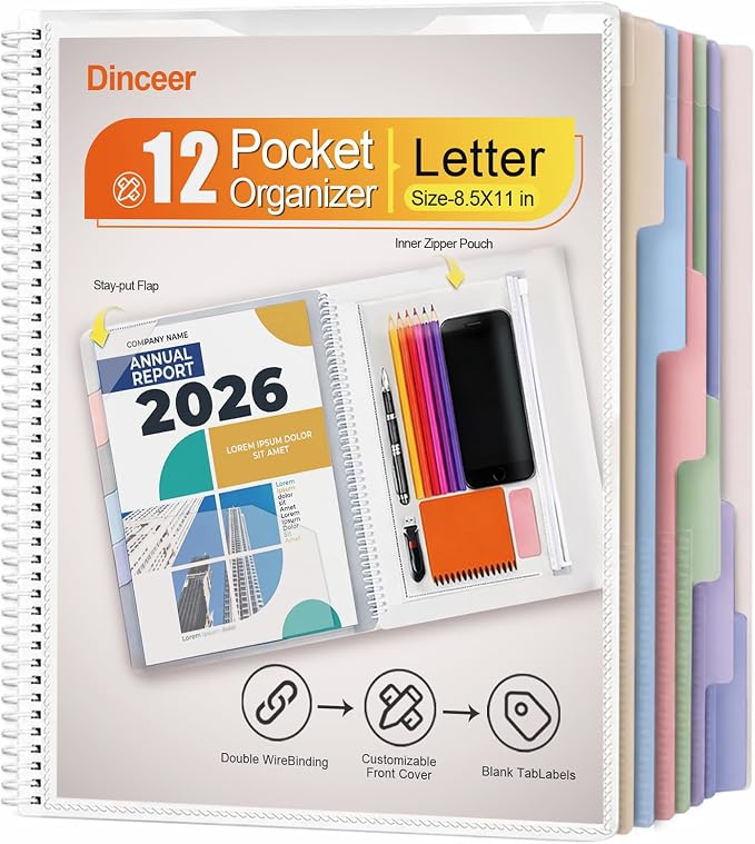 12 Pocket Spiral Project Organizer Folder, Morandi Color Multi Pocket Folder by Dinceer