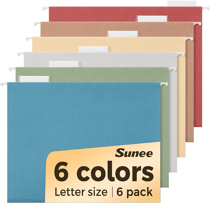SUNEE Hanging File Folders Retro Colors, 6 Pack Letter Size File Folders by SUNEE
