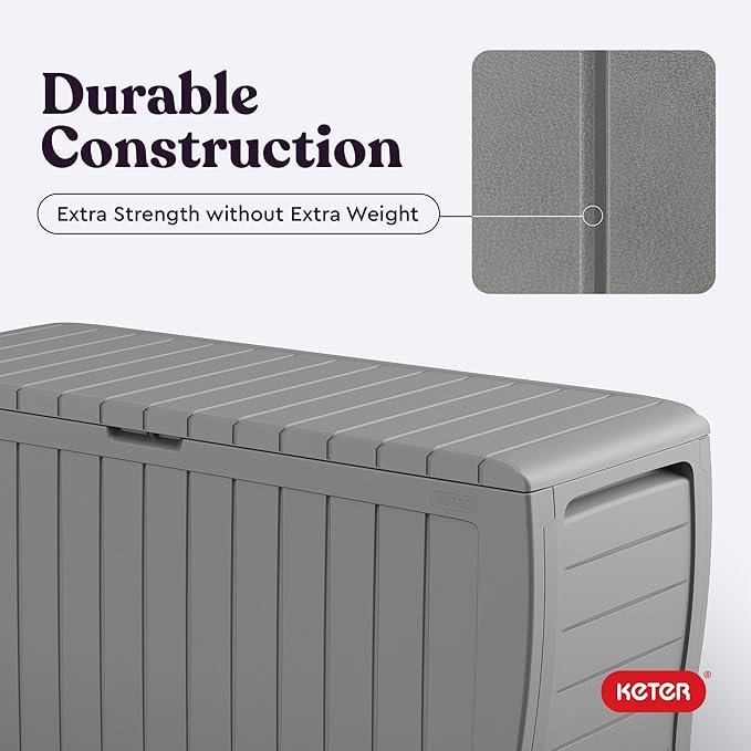 Keter Marvel Plus 71 Gallon Resin Deck Box-Organization and Storage for Patio Furniture Outdoor Cushions, Throw Pillows, Garden Tools and Pool Floats, Light Grey-DeskLoop Office
