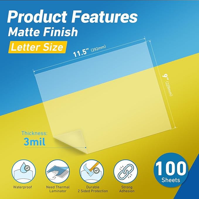Uinkit Matte Thermal Laminating Pouches 9 x 11.5 Inches 3 Mil Thick Matte Finish 100 Sheets Large Package Fitted for Letter Size Laminating Sheets 8.5 x 11-DeskLoop Office