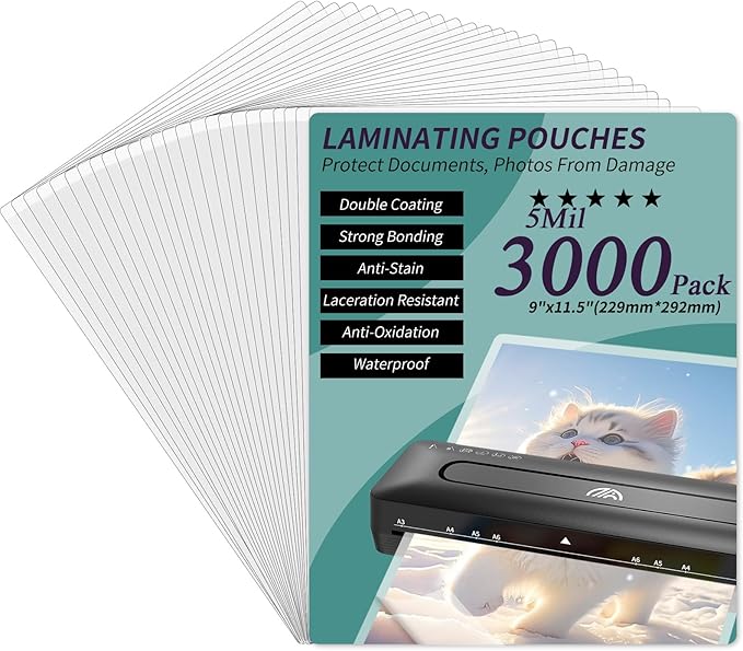 Laminating Sheets - 5Mil Thermal Laminating Pouches, 9"x11.5" Clear Laminate Sheets for Schedules, Menus, Certificates, Art Drawings, Round Corner, 3000 Pack-DeskLoop Office