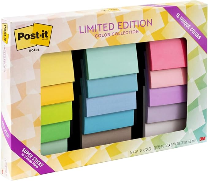 Post-it Super Sticky Notes, Limited Edition Color Collection, 3x3 in, 15 Pads/Pack, 45 Sheets/Pad-DeskLoop Office