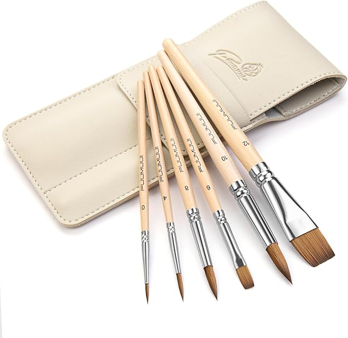 Sable Travel Watercolor Brushes, Fuumuui 6pcs Kolinsky Sable Watercolor Travel Brushes with Short Handles - Detail Liner Pointed Round Flat Wash Mop for Watercolor Gouache Ink Painting-DeskLoop Office
