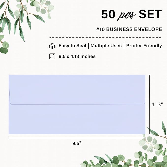 50 Pack #10 Business Envelopes, Self Seal Standard Lavender Envelopes - Image 2