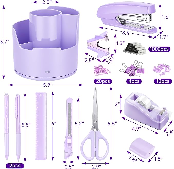 deli Purple Office Supplies, 14 in 1 Desk Accessories Set - Image 3