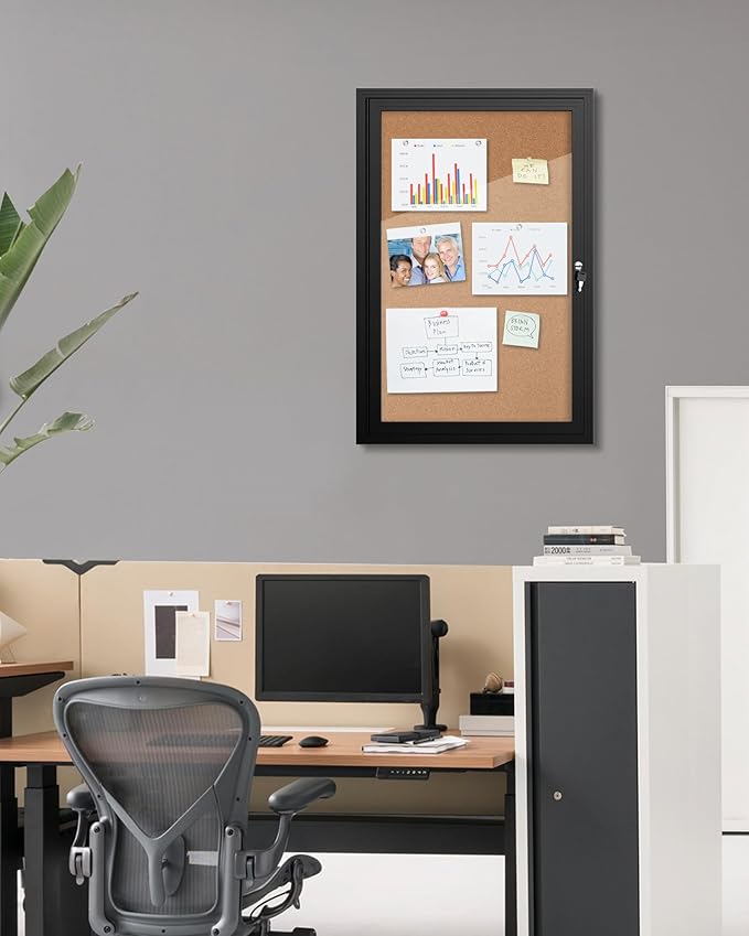 36"x24" Enclosed Bulletin Board, Outdoor Lockable Weather-Resistant Aluminum Cork Noticeboard for School & Office Hospital, Black Frame w/Cork-DeskLoop Office