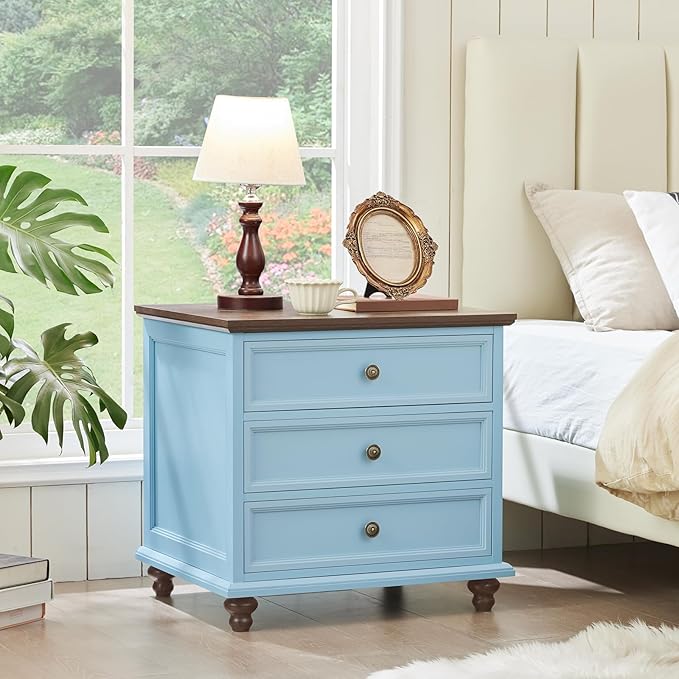 24" Wide Farmhouse Night Stand Set of 2,Large End Table with 3 Drawers & Metal Handle,Light Blue Wood Dresser for Bedroom Cabinet, Bed Side Table Chest of Drawers ,Nightstand for Living Room,Closet-DeskLoop Office