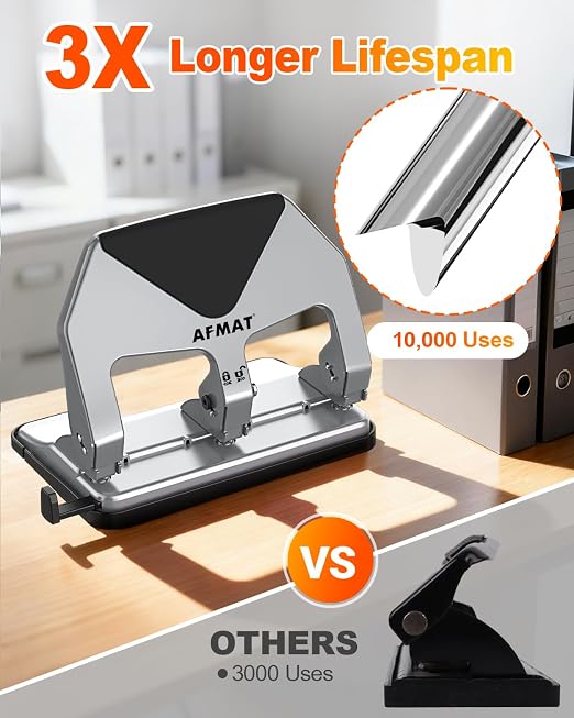 AFMAT 3 Hole Punch Heavy Duty, 50-Sheet Three Hole Punch, 50% Reduced Effort - Image 4