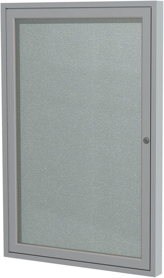 Ghent 36"x30" 1-Door Outdoor Enclosed Vinyl Bulletin Board, Shatter Resistant, with Lock, Satin Aluminum Frame - Silver (PA13630VX-193), Made in The USA-DeskLoop Office