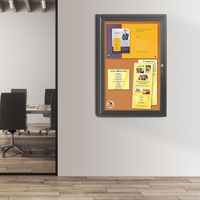 Enclosed Bulletin Board,Outdoor Weatherproof Cork Noticeboard with Locking Door, Wall-Mounted Black Aluminum Frame,Display Case Message Board for Office Home,36x24 Inch (5xA4)-DeskLoop Office