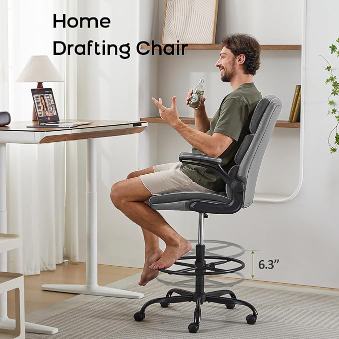 Drafting Chair Tall Office Chair with Padded Flip-up Armrests Executive Ergonomic Computer Standing Desk Chair with Comfortable Leather Backrest and Adjustable Footrest Ring (Gray)-DeskLoop Office