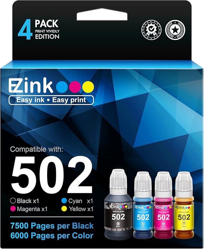 E-Z Ink Compatible Refill Ink Bottle Replacement for Epson 502 T502 522 T522 High Yield to use with ET-4760,ET-3760,ET-2760,ET-3710,ET-2750,ET-3700 Printer (Black, Cyan, Magenta, Yellow, 4 Pack)-DeskLoop Office