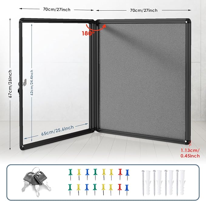 Enclosed Bulletin Board Lockable Display Case Message Board with Locking Door for Indoor, Grey Felt, Black Aluminum Frame, 28 X 26 in-DeskLoop Office