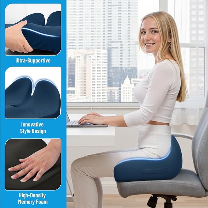 Seat Cushion, Memory Foam Office Chair Cushions, Ergonomic Curved Design for Sciatica, Tailbone, Coccyx, Seat Support for Car, Desk Chair, Wheelchair, Enhances Long Sitting Comfort (Blue)-DeskLoop Office