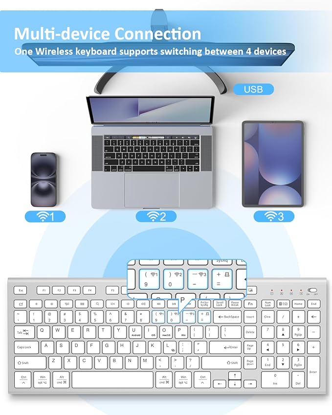 FENIFOX Wireless Keyboard, Bluetooth + USB Ergonomic Silent Quiet Rechargeable with Number Pad Compact Full Size Multi Device Keyboards for iPad Tablet Mac Computer Surface PC MacBook Laptop Silver-DeskLoop Office