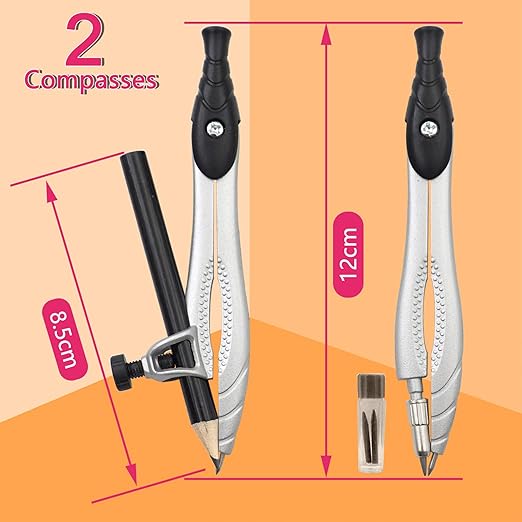 Professional Geometry Compass Set, Starter Compass Set Includes 2 Drafting Compasses, Protractor, 2 Set Squares, Ruler in Storage Box, Back-to-School Math Supplies for Students, Black-DeskLoop Office