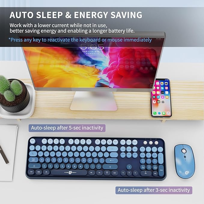 FOPETT Wireless Keyboard and Mouse Combo, 104 Keys Full-Sized 2.4 GHz Round Keycap Colorful Keyboards, USB Receiver Plug and Play, for Windows, Mac, PC, Laptop, Desktop (GradientBlue)-DeskLoop Office