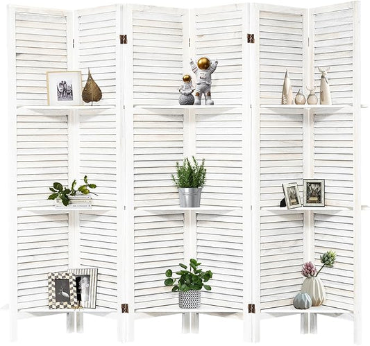 NicBex 6 Panel Room Divider,5.6FT Wood Carved Room Dividers with Display Shelves Folding Privacy Screens Portable Freestanding Partition Wall Dividers for Room Separation,Home Bedroom Office,White-DeskLoop Office