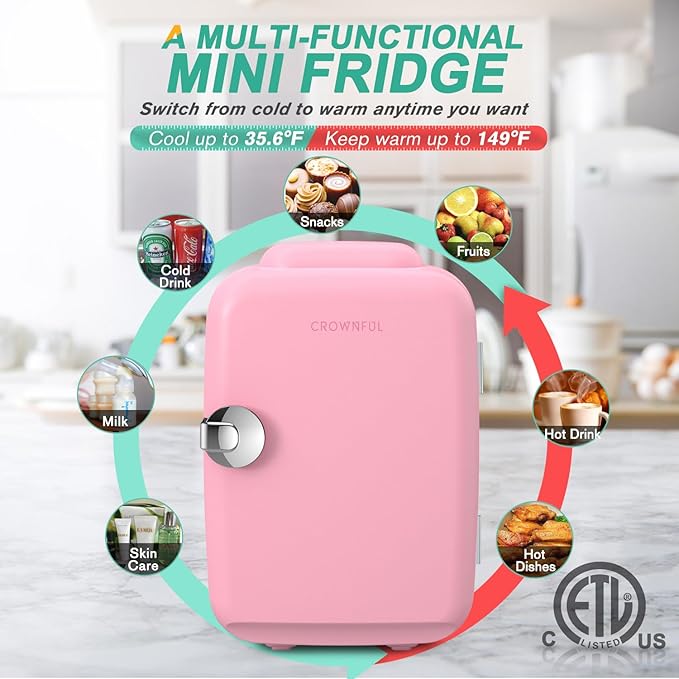 CROWNFUL Mini Fridge, 4 Liter/6 Can Portable Cooler and Warmer Personal Refrigerator for Skin Care, Cosmetics, Beverage, Food,Great for Bedroom, Office, Car, Dorm, ETL Listed (Pink)-DeskLoop Office